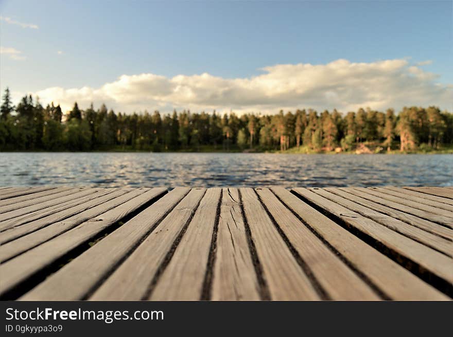 Wooden boards on pier along waterfront of lake with pine trees on shores on sunny day in Sweden. Wooden boards on pier along waterfront of lake with pine trees on shores on sunny day in Sweden.