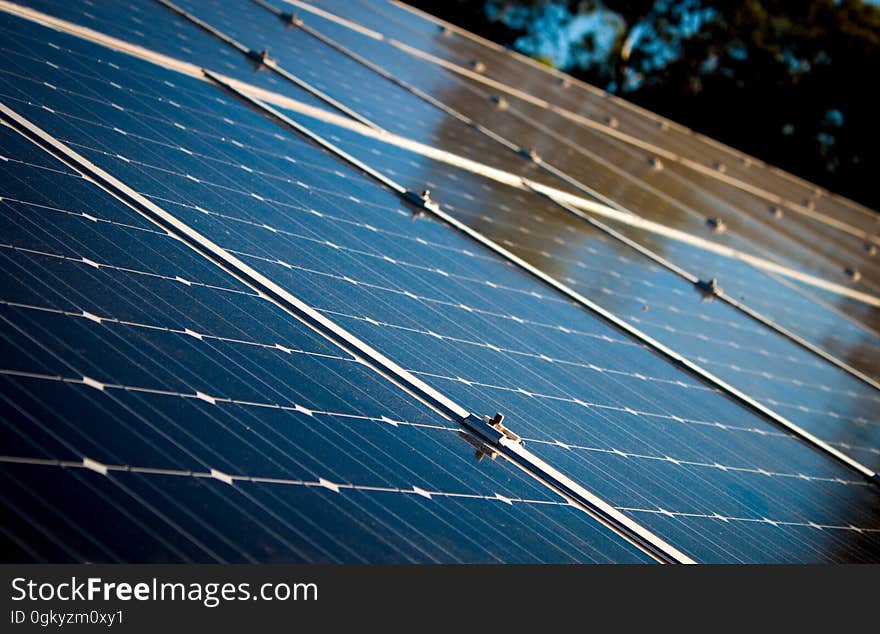 A close up of solar panels on a field.