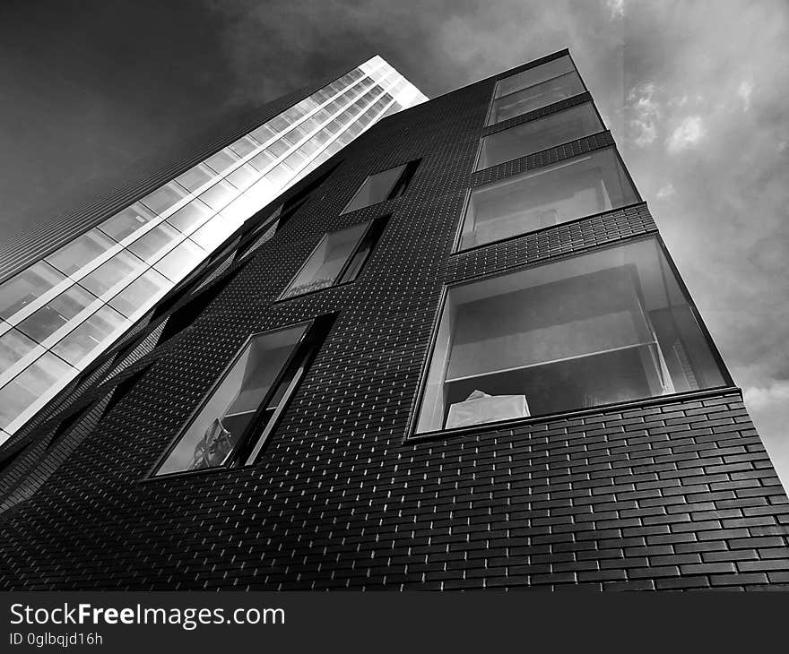 Exterior of modern high rise buildings in black and white.