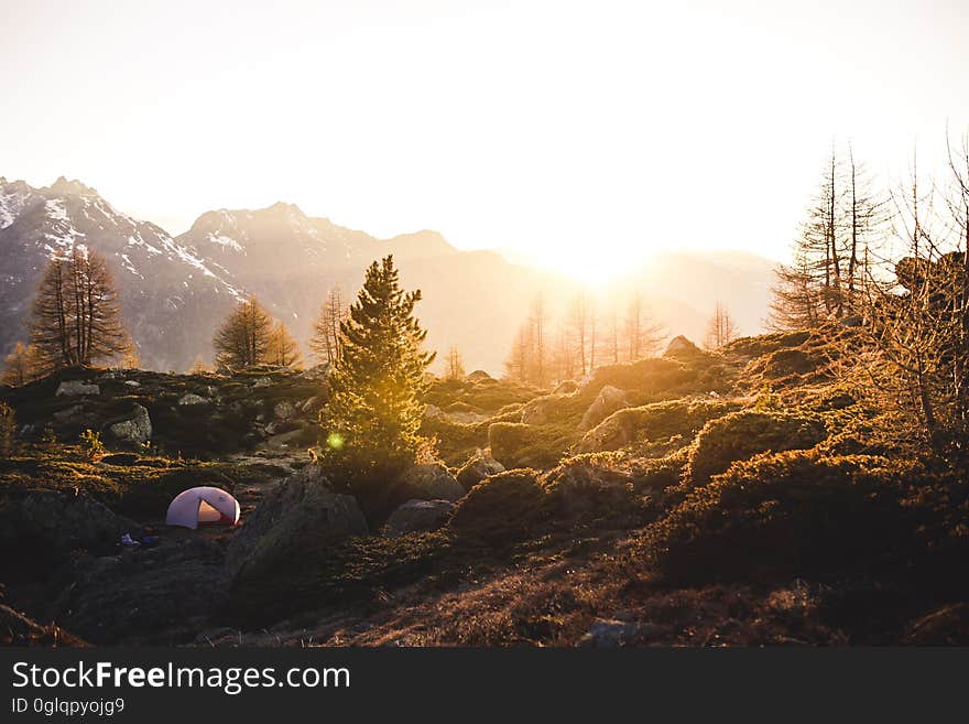 A scenic view on the mountains with the morning sun. A scenic view on the mountains with the morning sun.