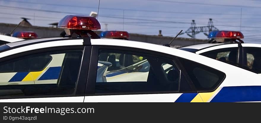 Police Cars With Sirens Red And Blue Color