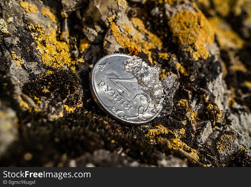 Two rubles on a stone and melting snow. Two rubles on a stone and melting snow