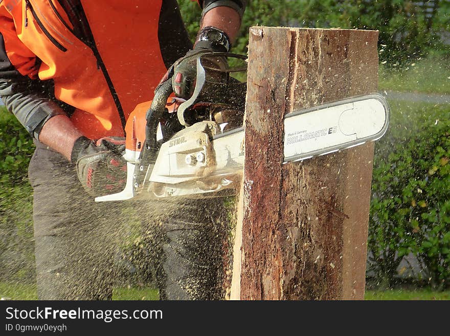 Man Cutting Tress Using Chainsaw