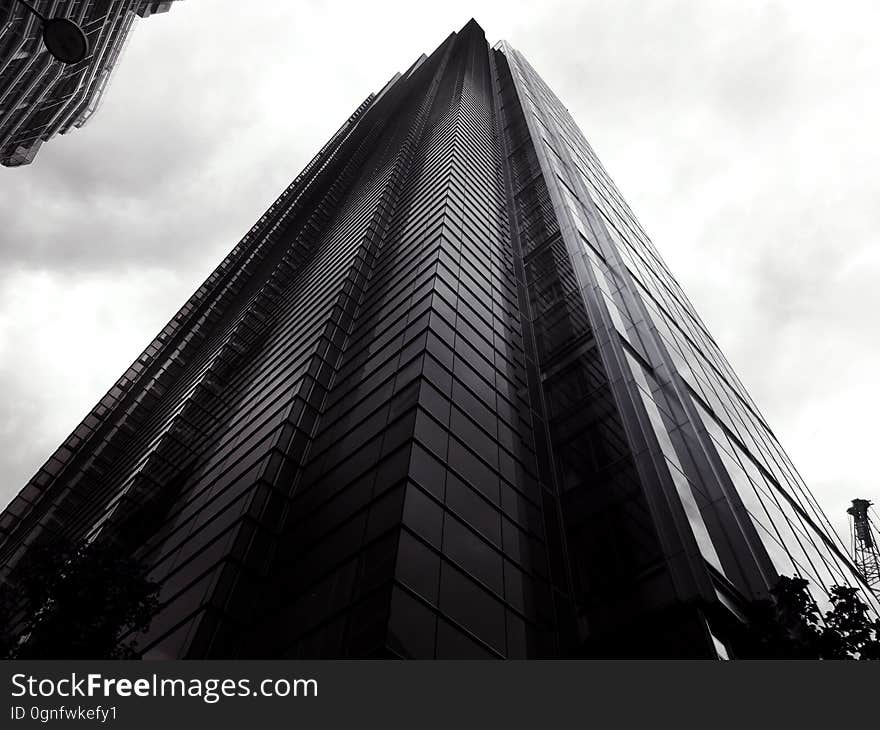 A low angle view of a skyscraper in black and white. A low angle view of a skyscraper in black and white.