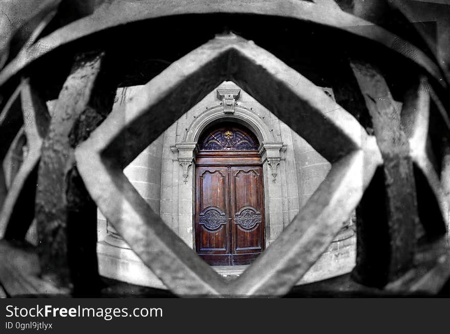 Black and white-colour photo of St. Publius Parish Church-iron fence and door detail, Floriana, Malta. Black and white-colour photo of St. Publius Parish Church-iron fence and door detail, Floriana, Malta