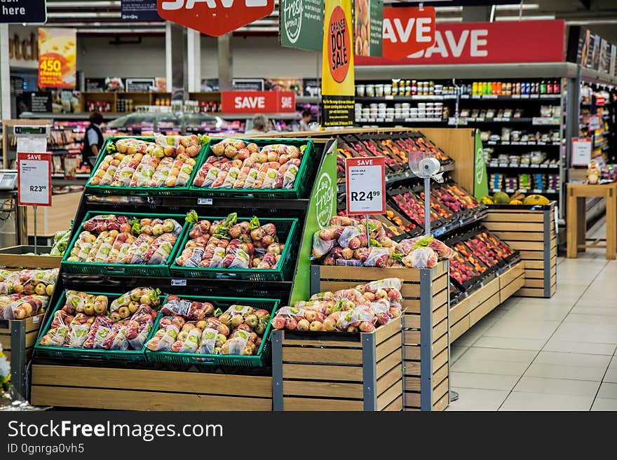 The fruit and vegetable section in a supermarket. The fruit and vegetable section in a supermarket.