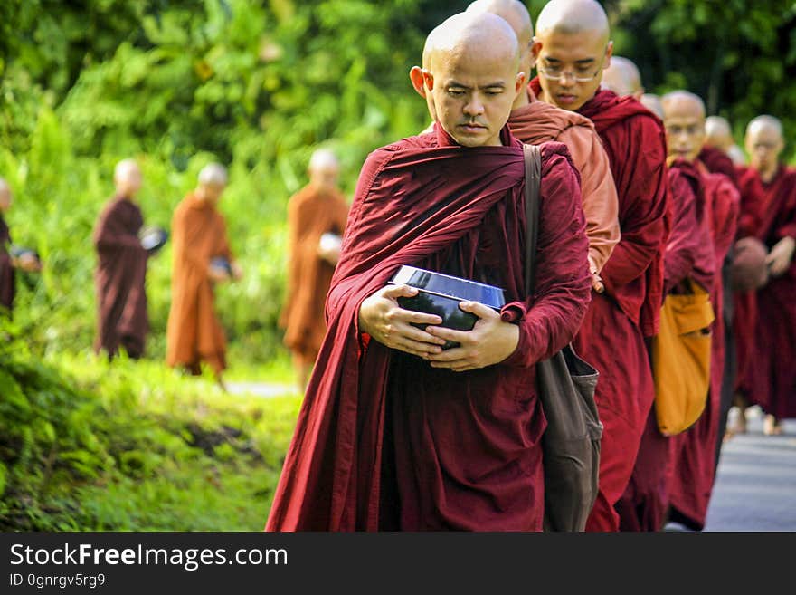 Procession of Buddhist monks in red and orange robes walking through countryside. Procession of Buddhist monks in red and orange robes walking through countryside.