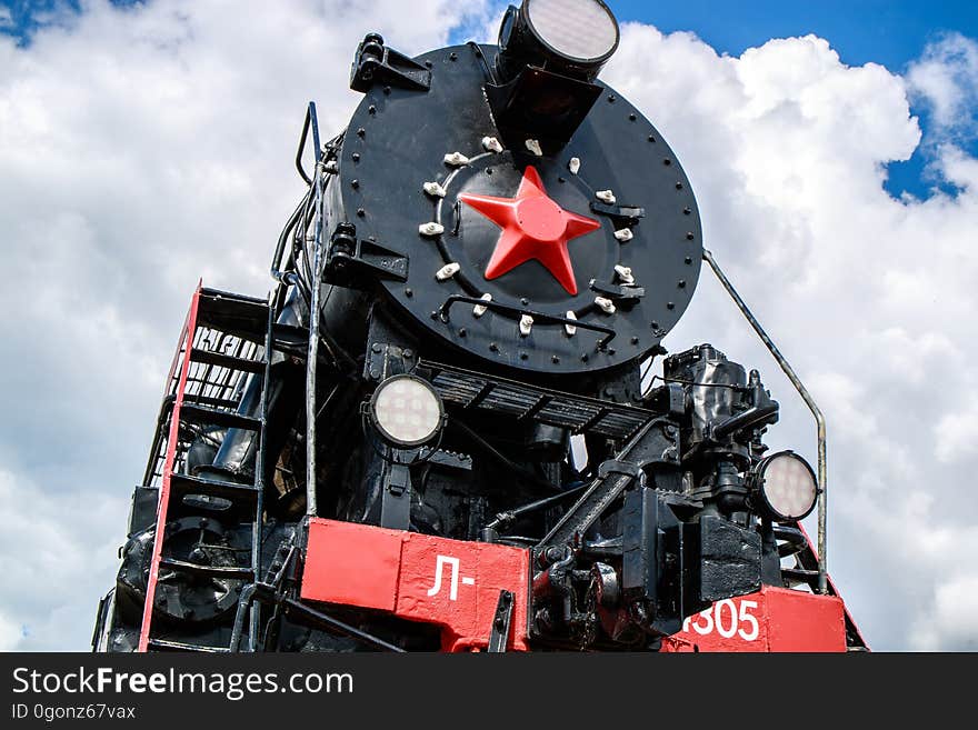 The front part of the Soviet steam locomotive with a star