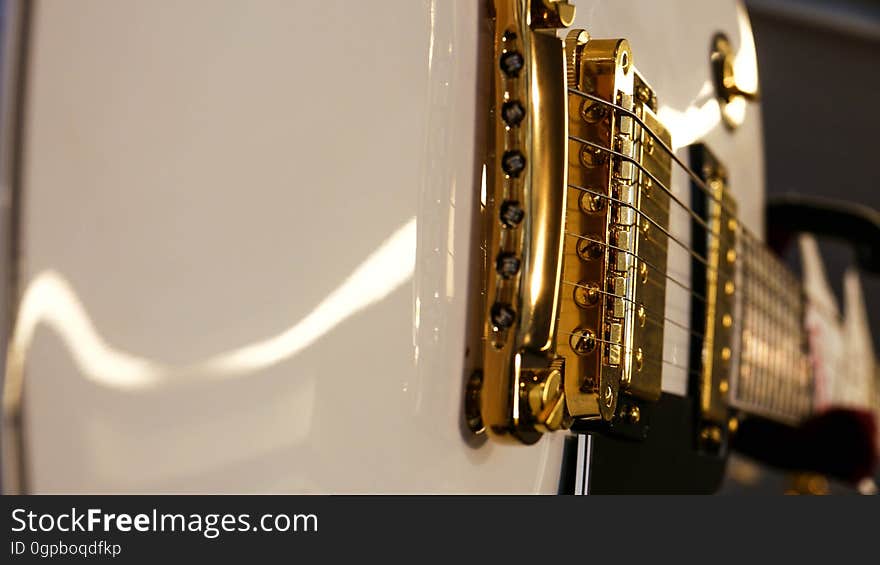 Closeup of a classical guitar.