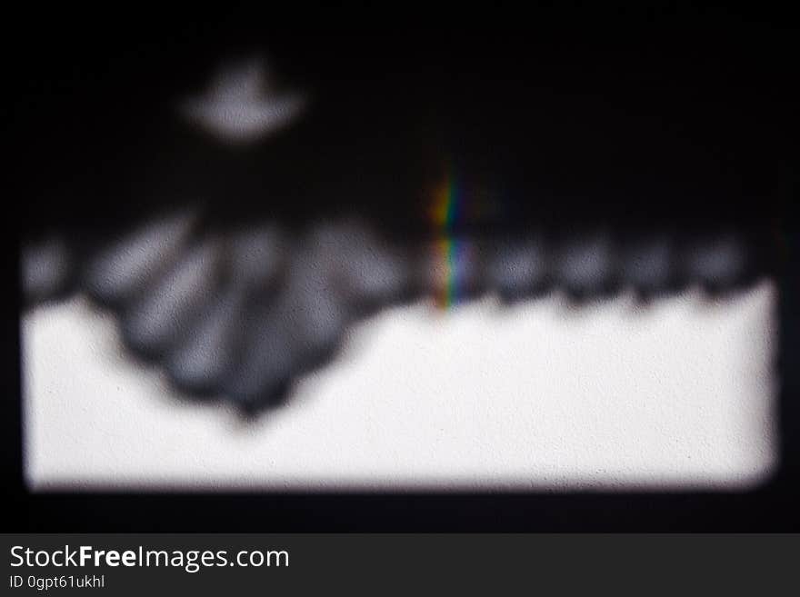 A shadow of a window curtain on a white wall, with a small rainbow generated by the sun rays passing through the window. A shadow of a window curtain on a white wall, with a small rainbow generated by the sun rays passing through the window.