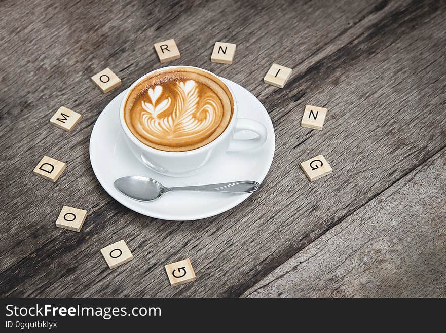 A decorative latte with the word "good morning" spelled around it. A decorative latte with the word "good morning" spelled around it.