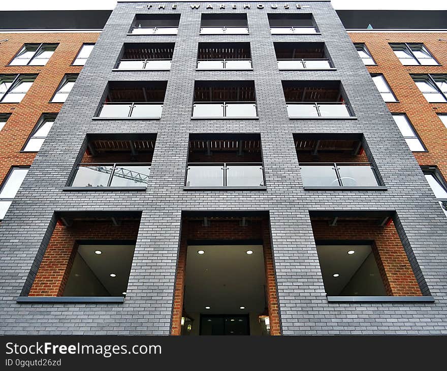 A modern office building from a low angle.