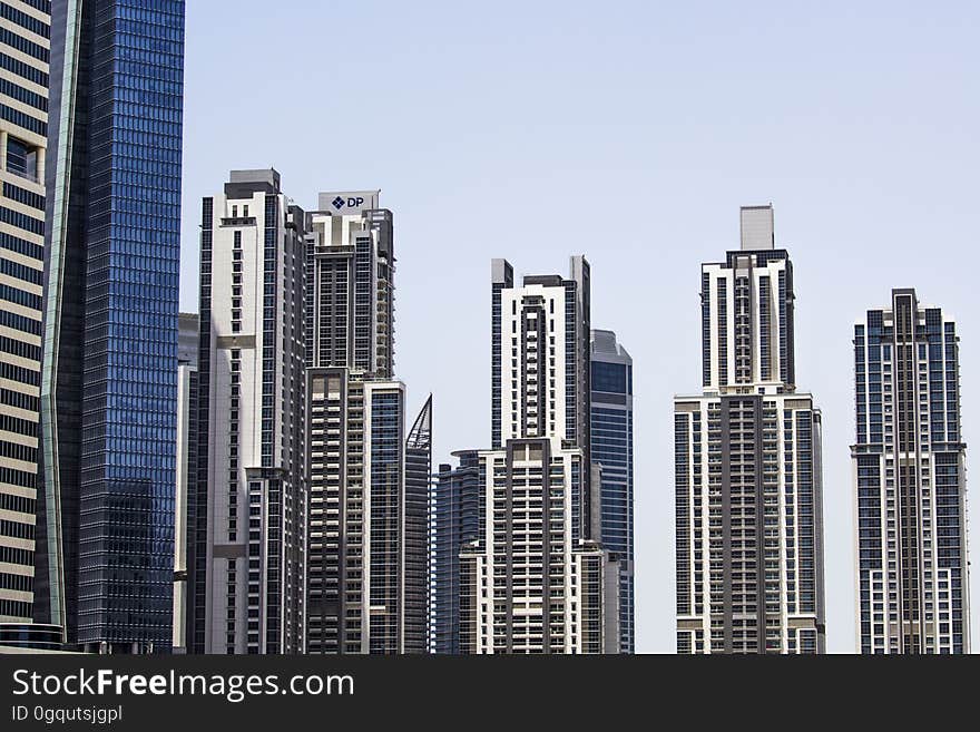 A view of a group of skyscrapers.