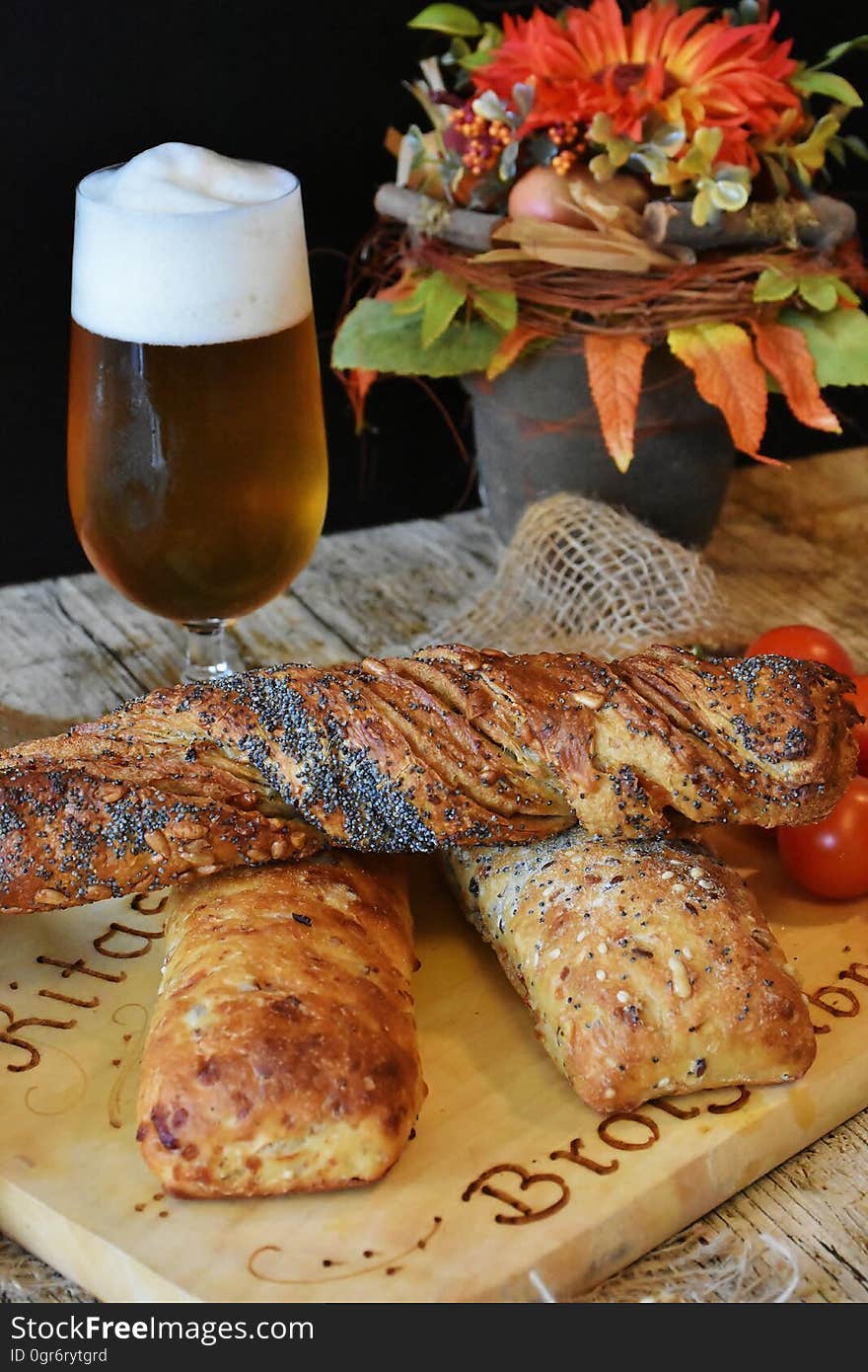 Closeup of beer and baguettes. Closeup of beer and baguettes.