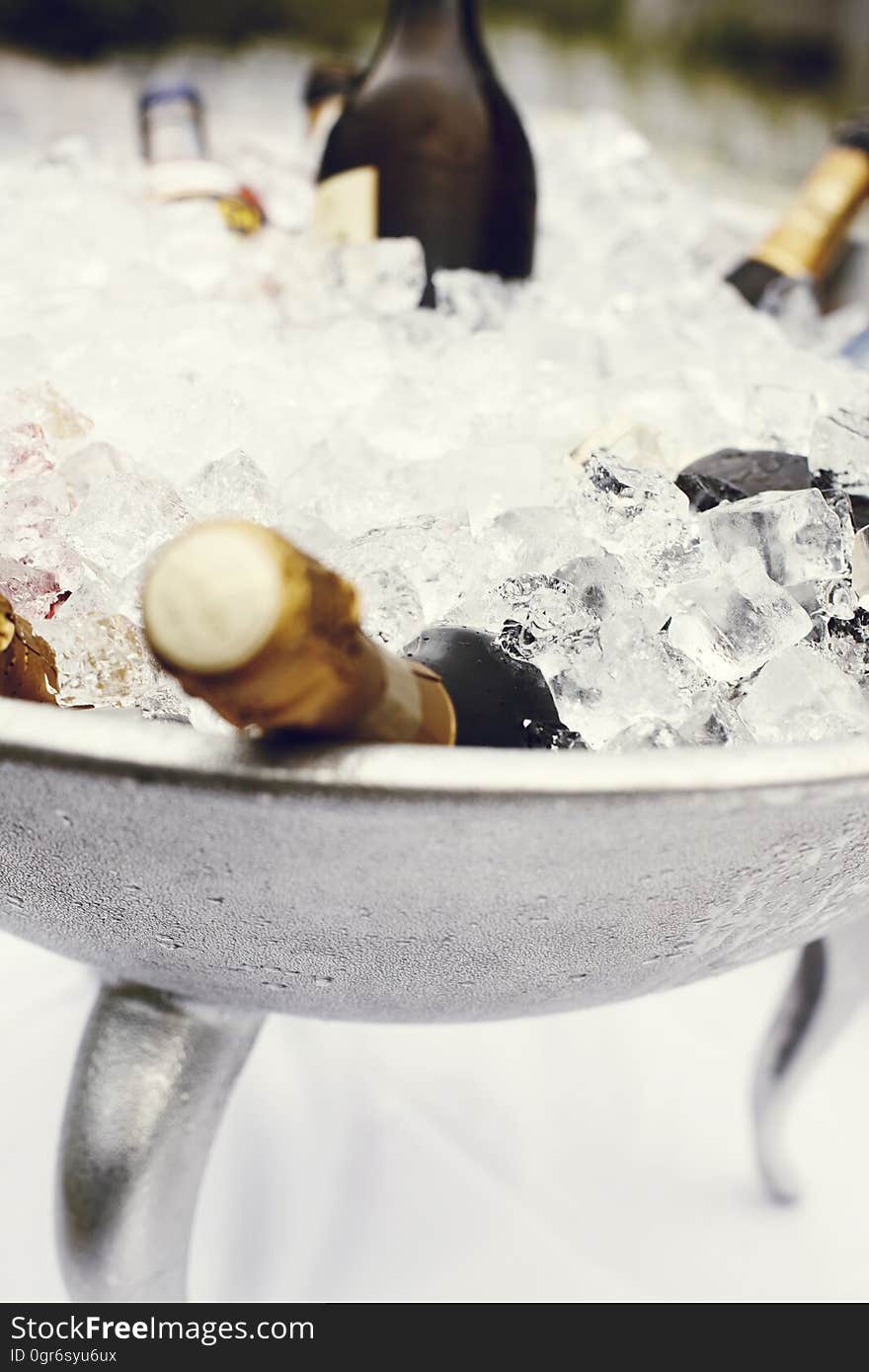 A cooler with ice and bottles of Champagne inside. A cooler with ice and bottles of Champagne inside.