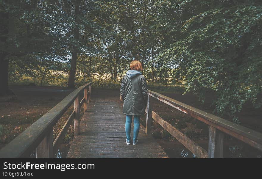 A woman crossing a wooden footbridge on a path in a park. A woman crossing a wooden footbridge on a path in a park.