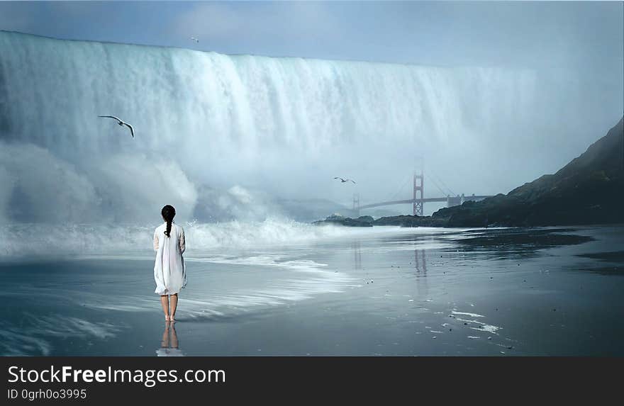 Young woman in white dress standing in water looking towards a dramatic waterfall with seagull overhead and suspension bridge in the distance (suggesting a composite image). Young woman in white dress standing in water looking towards a dramatic waterfall with seagull overhead and suspension bridge in the distance (suggesting a composite image).