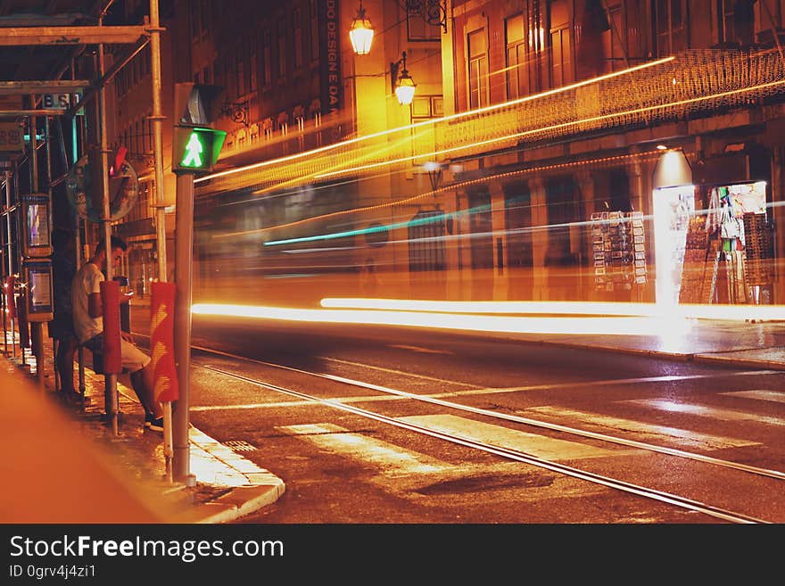 Light trails on a city street. Light trails on a city street.