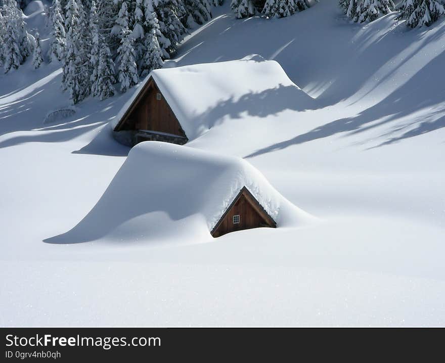 Wooden cabins covered in snow.