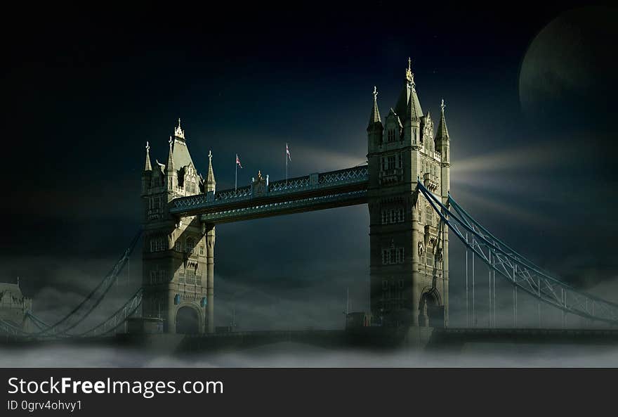 A view of London Bridge on a foggy night. A view of London Bridge on a foggy night.