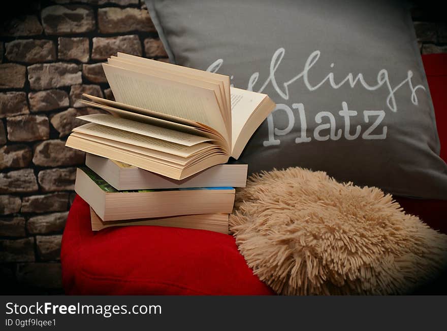 Books on a pillow in a corner. Books on a pillow in a corner.