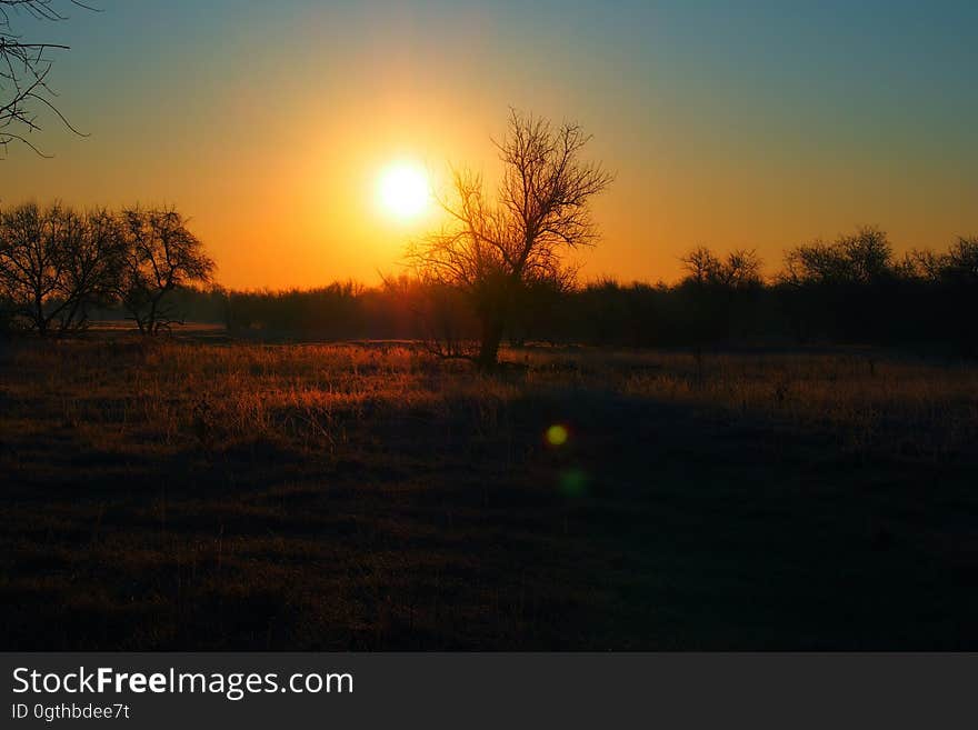 A sunset over a grassland and a forest. A sunset over a grassland and a forest.