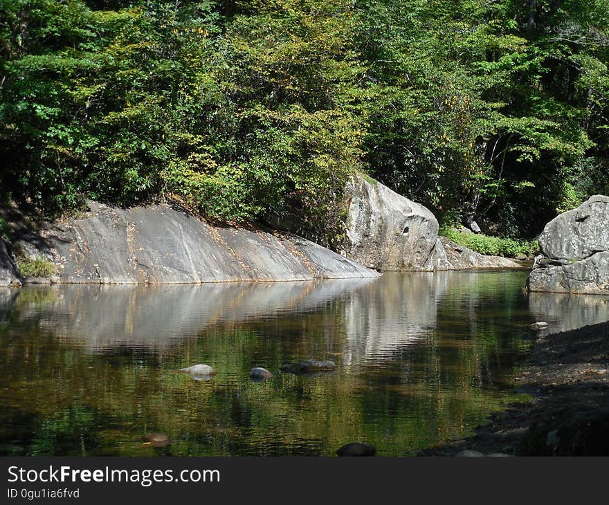 Boulders on riverfront in woods on sunny day. Boulders on riverfront in woods on sunny day.