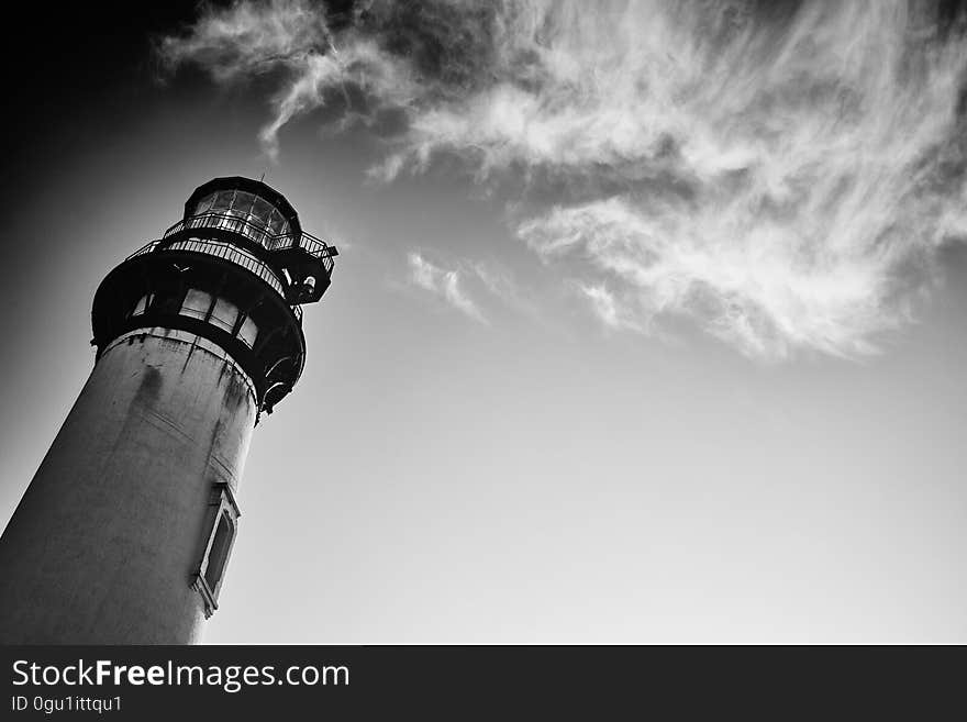 Angled view of a lighthouse tower.