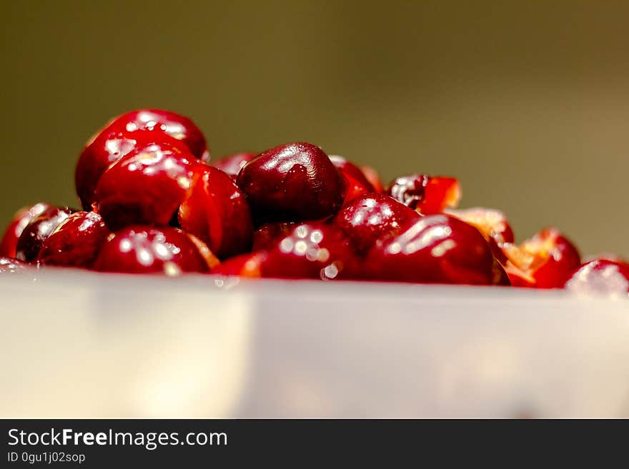 Closeup of ripe, red cherries.