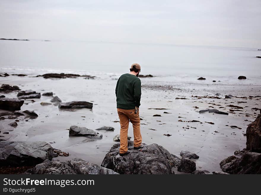 Man standing on large silvery gray rock on the shore at the seaside on a misty morning. Man standing on large silvery gray rock on the shore at the seaside on a misty morning.