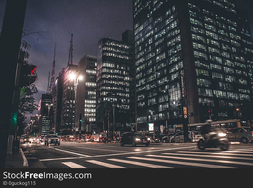 An urban street at nighttime. An urban street at nighttime.