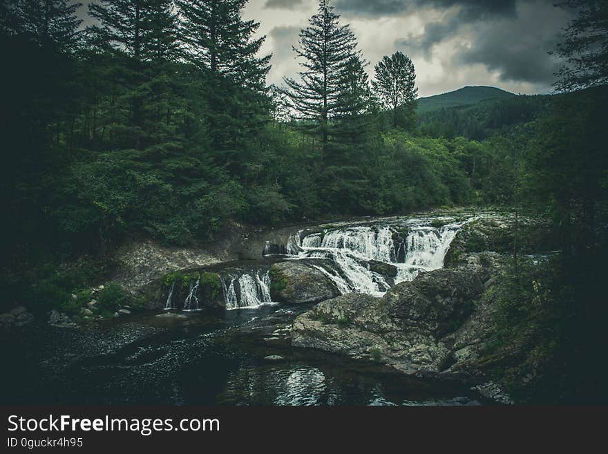 A waterfall cascading through a forest.