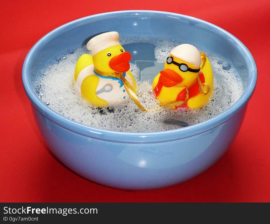 2 Rubber Ducky on Blue Ceramic Bowl