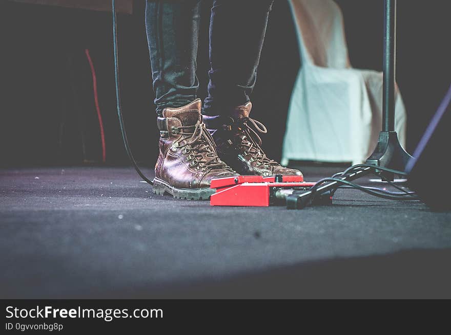 Closeup of musicians feet next to a microphone.