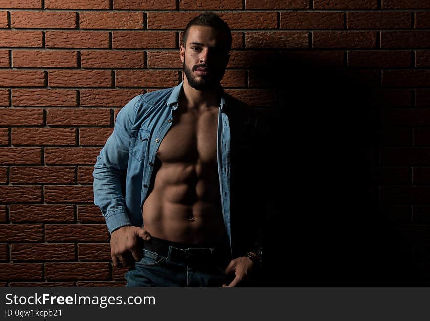 Model Standing Strong On Wall of Bricks