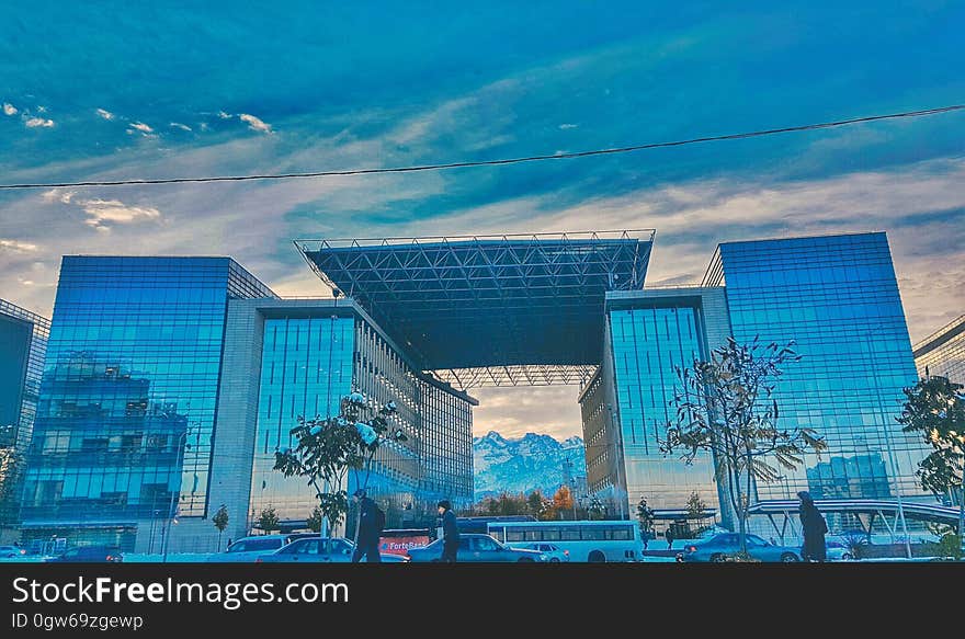 A modern office complex with glass exterior.