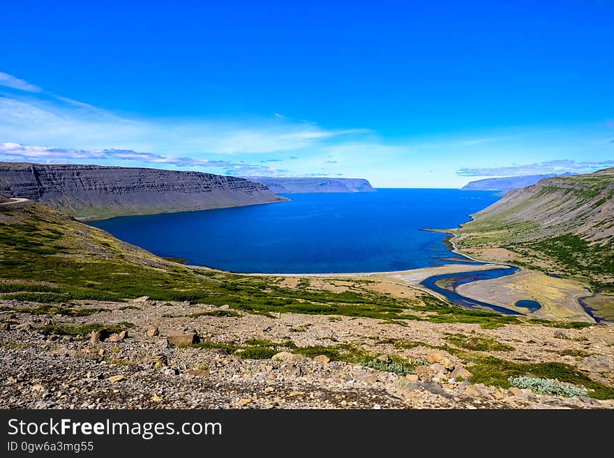 Scenic view of blue ocean bay.