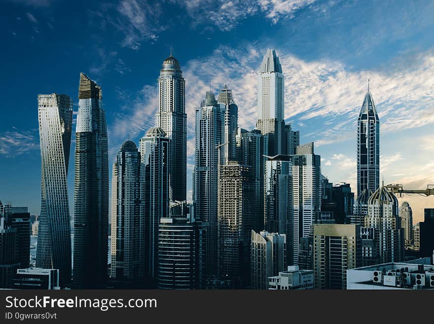 City skyline with modern skyscrapers.