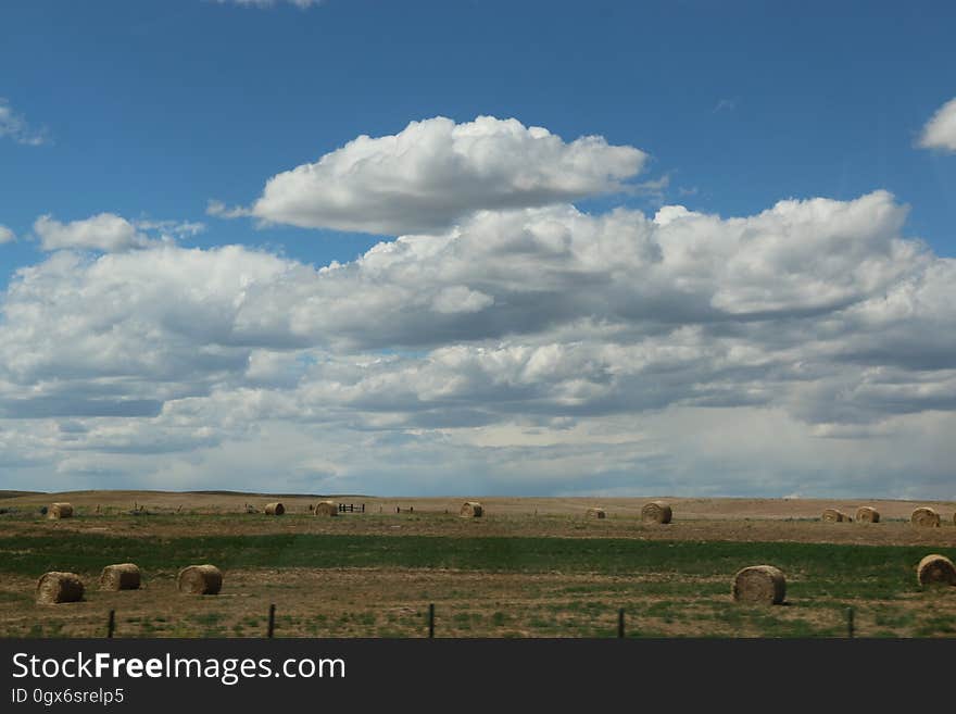 A meadow with hay bales in a flat land.