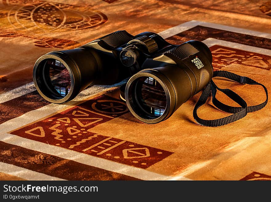 Black Binoculars in Maroon and Beige Textile