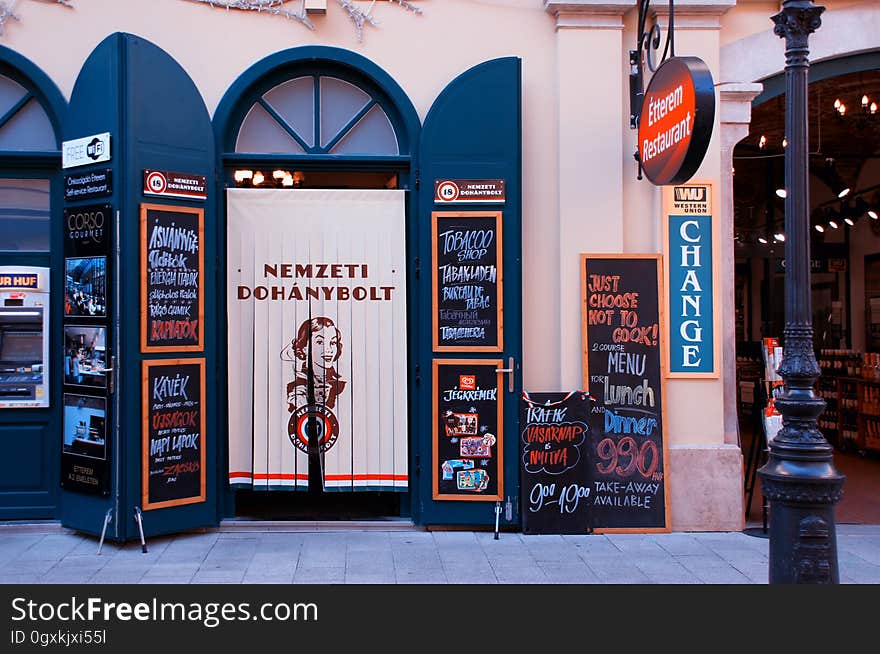 Blue and Orange Nemzeti Dohanybolt Commercial Store