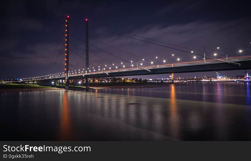 Rheinkniebrücke (Rhine knee bridge) in Düsseldorf in Germany, at Night. Rheinkniebrücke (Rhine knee bridge) in Düsseldorf in Germany, at Night.