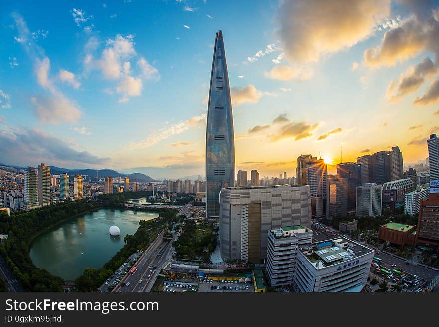 The Lotte World Tower and Seoul city skyline. The Lotte World Tower and Seoul city skyline.