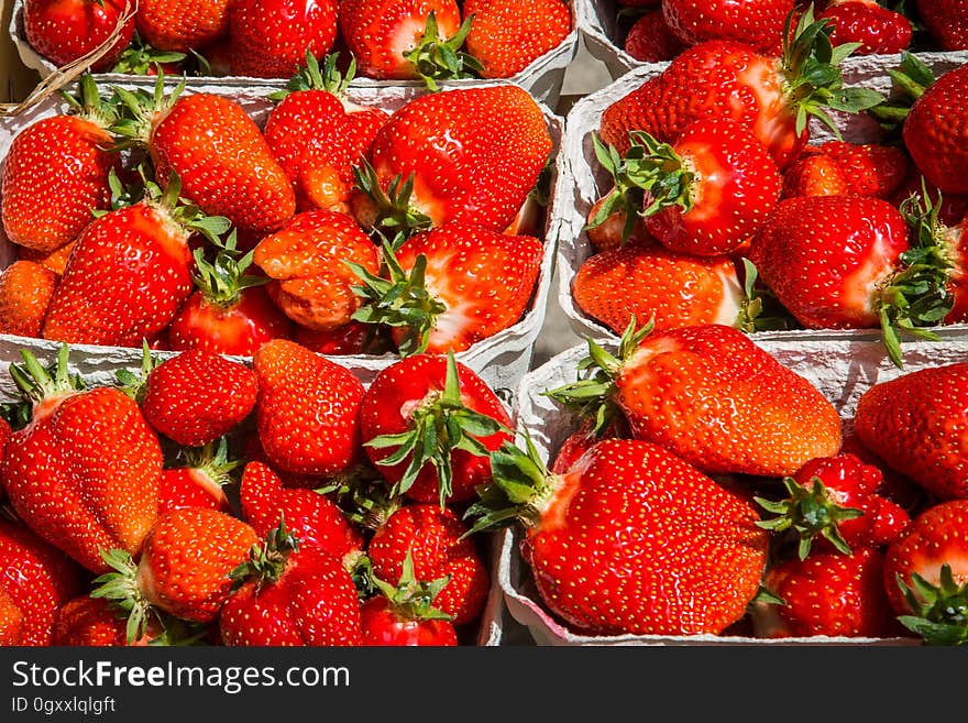 Boxes of fresh red ripe strawberries in sunshine. Boxes of fresh red ripe strawberries in sunshine.