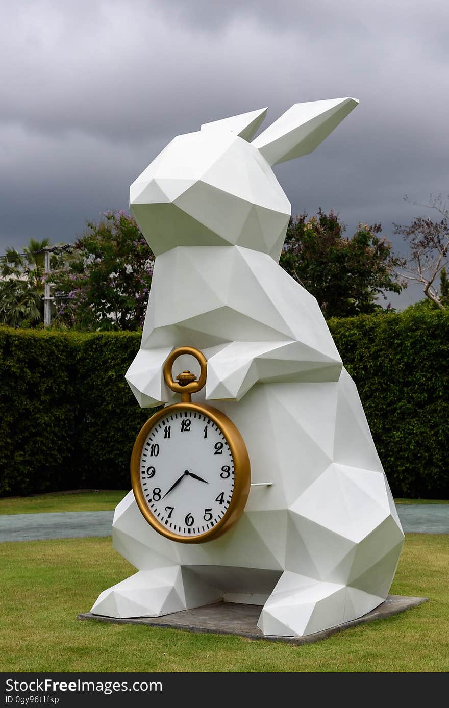 White Rabbit Holding Gold Frame Pocket Watch Statue