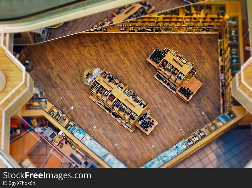 A downward view in the atrium of a shopping mall.