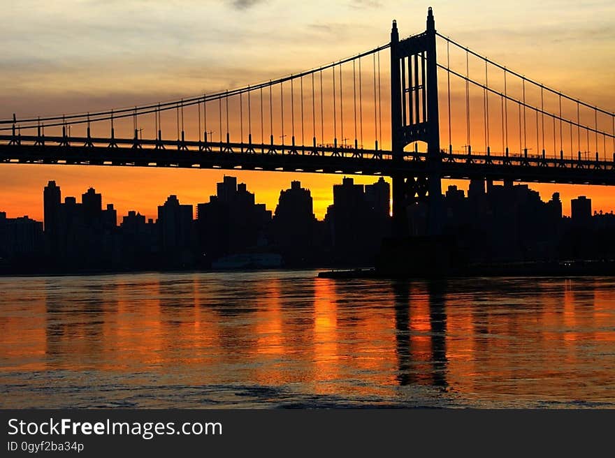 Bridge, Reflection, Sunset, Skyline