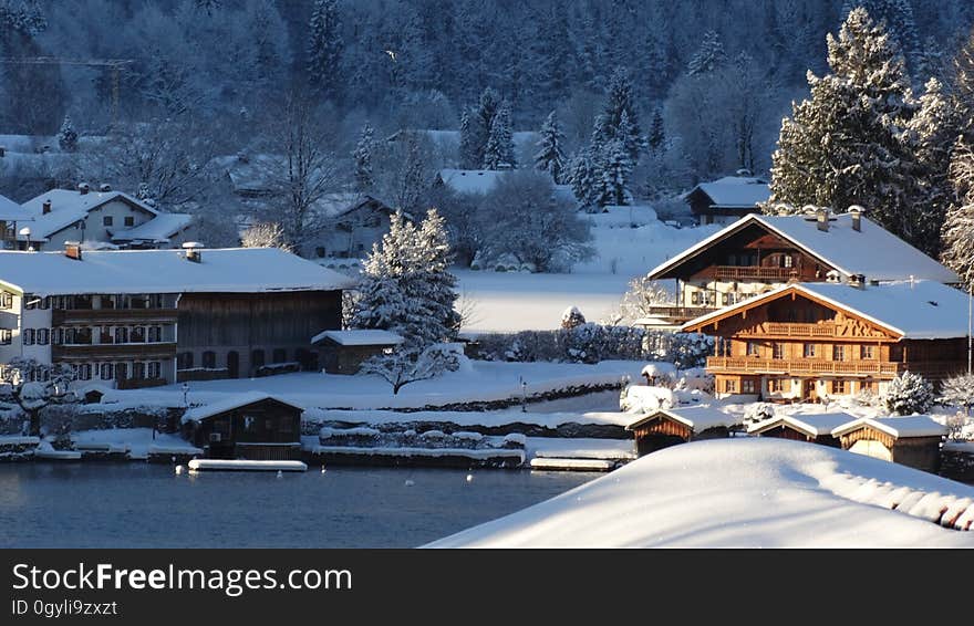 Houses covered in snow on the lake coast in winter. Houses covered in snow on the lake coast in winter.