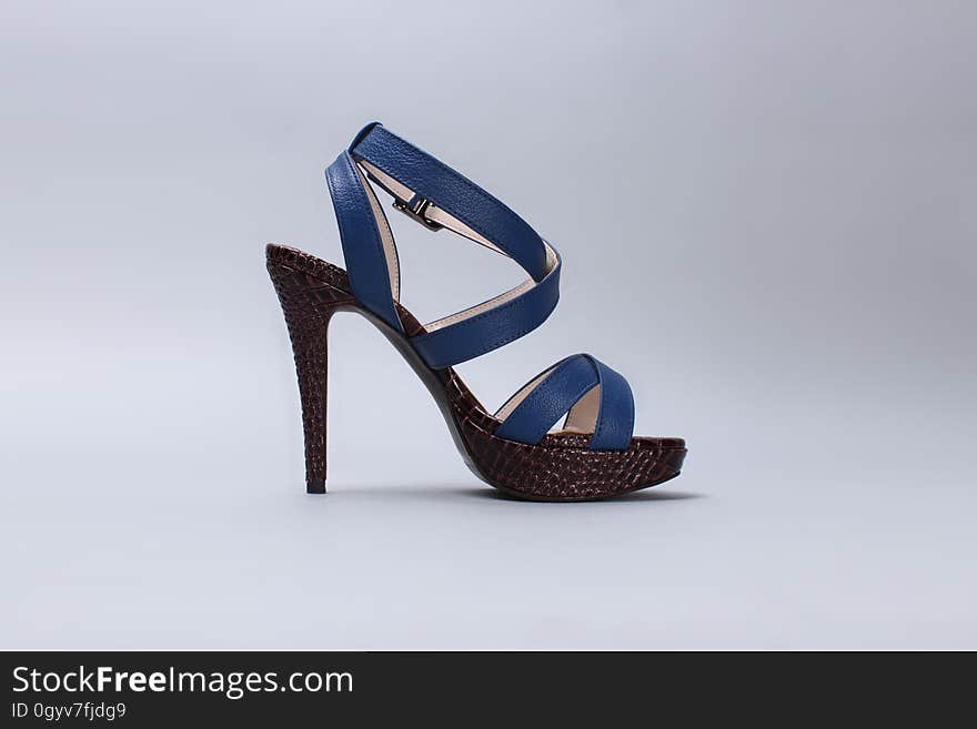 Blue Leather Ankle Strap Black Heeled Sandals