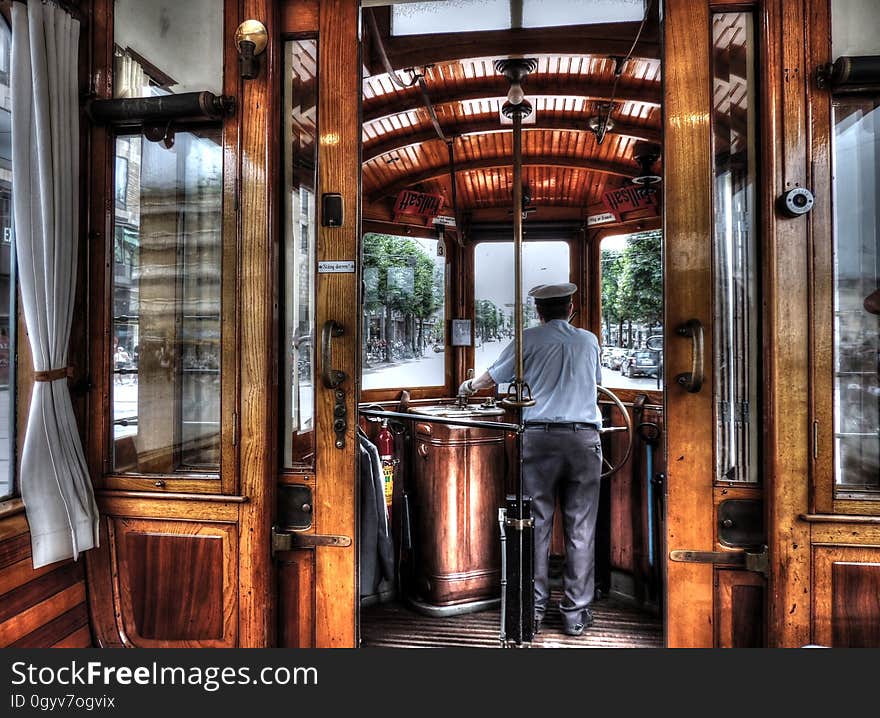 The interior of an old streetcar. The interior of an old streetcar.